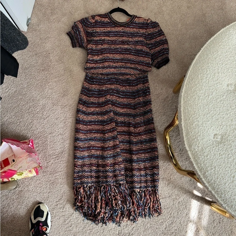 Ulla Johnson-SET Multicolored Stripe Shortsleeve Top and Matching Fringe Skirt